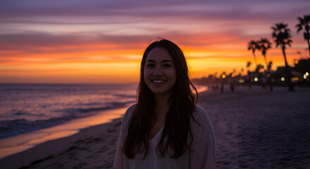 Fototapeta premium Smiling woman enjoying a stunning sunset on a tropical beach vacation