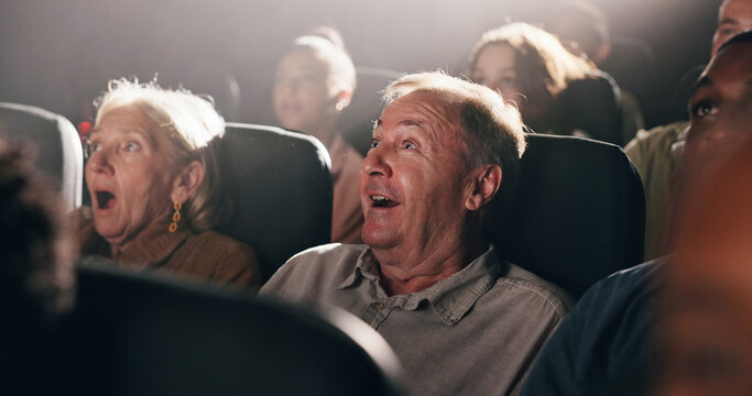 Horror, man and movie in theater with shock for spooky scene, thriller premiere and entertainment. Film screening, senior people and surprise with terror in cinema for scary show or intense storyline