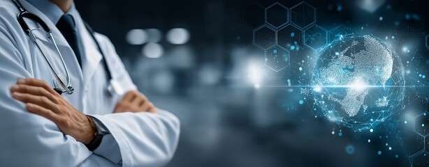 Global Healthcare Innovation Concept Featuring a Doctor with Folded Arms, Digital Medical Technology Interface, and Futuristic World Map Highlighting Medical Advancements and AI Integration in Modern 