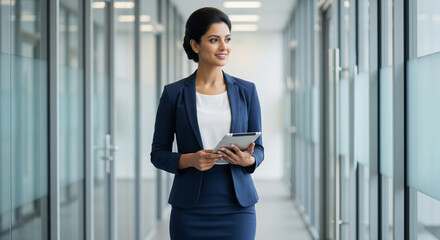 Modern Indian Businesswoman Holding Tablet in Office Corridor