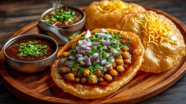 Delicious chole bhature dish with garnished chutney bowls on wooden platter for culinary inspiration.