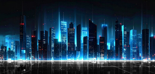 Futuristic City at Night with Neon Skyscrapers and Digital Glow