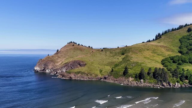 Cascade Head Preserve, Oregon - Long Aerial Pan - All video shot from outside preserve, no flying done over restricted area