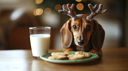 A dachshund wearing reindeer antlers, sitting beside a plate of cookies and a glass of milk for Santa. 