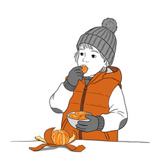 Child holding a small bowl of peeled mandarins and sharing one in minimalist black and white line illustration, bright orange and soft grey accents on white background