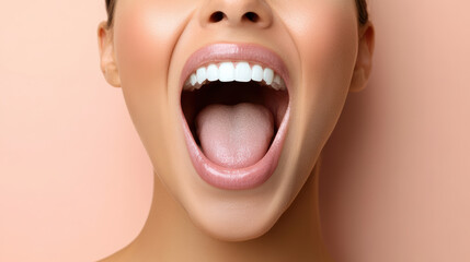Open mouth expression showcases surprise and emotion, highlighting bright teeth and smooth skin