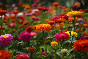 Colorful Symphony: A Serene Escape in the Vibrant and Lush Zinnia Garden Awash with Nature's Creative Splendor