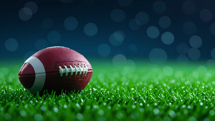 American football ball at yard line markers on playing field