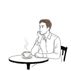 Man sitting at café table with steaming cappuccino gazing out thoughtfully minimalist black and white vector illustration with light brown and soft beige accents on white background