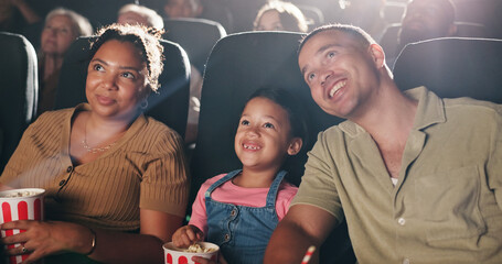Family movie, theatre and child with popcorn in cinema for entertainment, experience and watching...