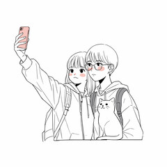 Fototapeta premium Kids taking a selfie with a cat, cheerful mood, sleek black and white vector line drawing with pastel color highlights on white background