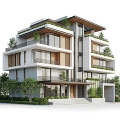 Modern luxury apartment building with balconies and green spaces
