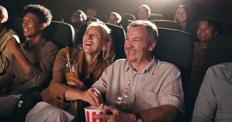 Senior couple, popcorn and happy at cinema for movie in crowd, bonding and date with comedy show....