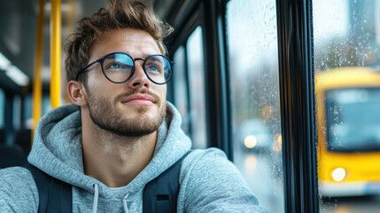 Person gazing thoughtfully out of bus window, reflecting life while rain droplets create serene