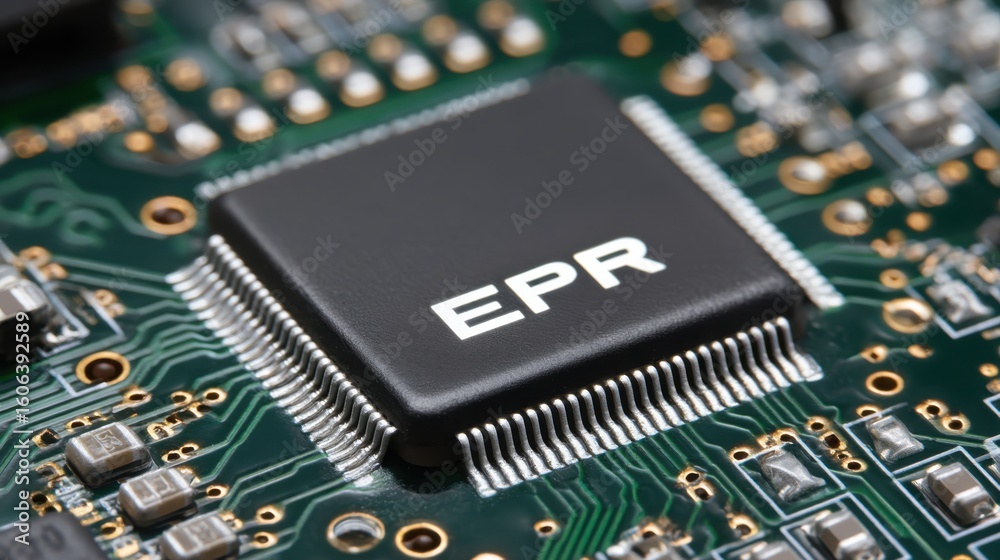 Poster extended producer responsibility (epr) concepts. close-up of a microchip labeled 