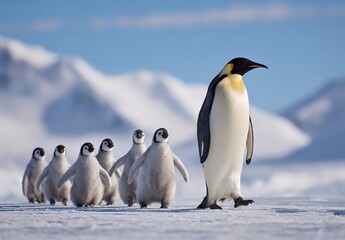 Fototapeta premium Emperor Penguin with Chicks on Ice in Antarctica Under Natural Light, Snowy Mountains Background