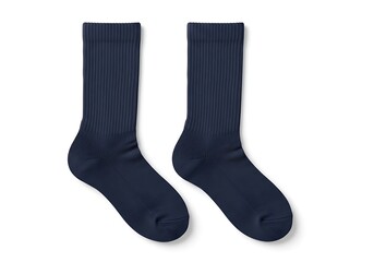 A classic pair of dark navy blue ribbed crew socks neatly laid out and isolated on a clean white background.