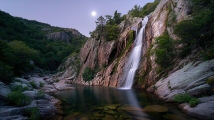 Obraz premium Majestic waterfall cascading into serene pool mountainous region nature photography twilight environment aesthetic viewpoint