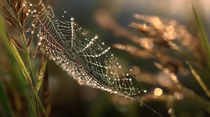 Delicate spider web sparkling with dew in nature close-up photography under morning light