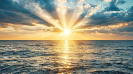 Stunning sunlight breaking through stormy clouds over ocean creates serene atmosphere