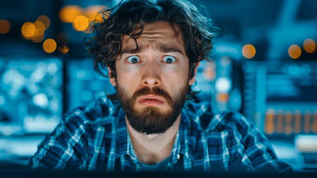 Concerned man in plaid shirt stares at computer screen, surrounded by technology and data, experiencing panic in dimly lit control room