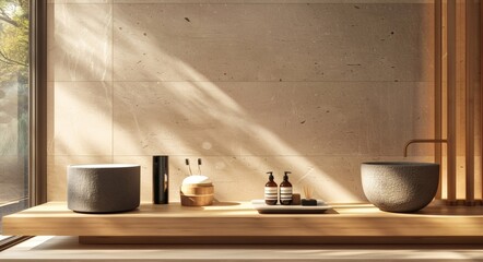 A minimalist product display stage under soft lighting, with a gentle background