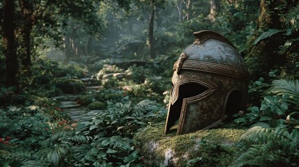 Ancient Metal Helmet Resting in Sunlit Forest