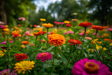 Colorful Symphony: A Serene Escape in the Vibrant and Lush Zinnia Garden Awash with Nature's Creative Splendor