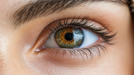 Obraz premium Close up of woman eye showcasing intricate details and vibrant colors, reflecting moment