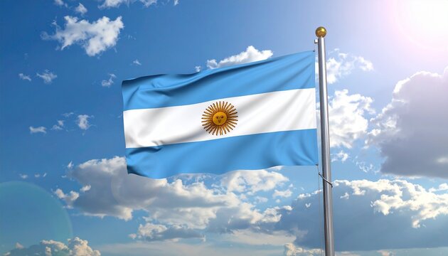 Argentina’s national flag fluttering against a bright sky with Sun of May centered on blue-white bands