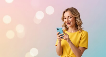 Happy Young Woman Smiling and Using Smartphone on Pastel Gradient Background with Bokeh Lights - Social Media