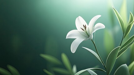 Fototapeta premium A delicate lily in full bloom, with its white petals contrasting against a deep green background. The white lily blooms beautifully, its soft petals standing out against