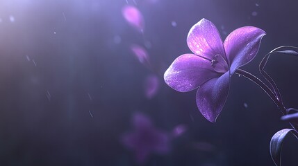 A delicate orchid with soft, purple petals resting on a dark background, illuminated by soft lighting. The orchidâ€™s delicate purple petals rest against a dark background, illuminated by