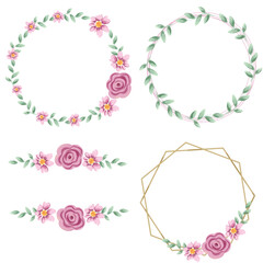 Floral frame with pink roses and decorative leaves. Watercolor Invitation design. Background to save the date