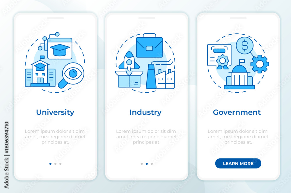 Wall mural triple helix model blue onboarding mobile app screen. innovation plan. walkthrough 3 steps editable 