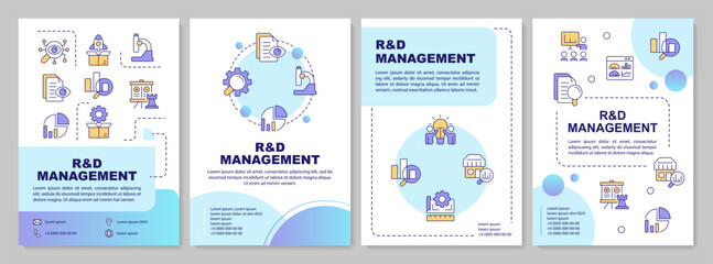 Research and development management blue circle brochure layout. Innovations. Leaflet advertising design with color line icons. Editable 4 pages. Arial-Bold, Myriad Pro-Regular fonts used