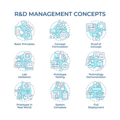 Research and development management soft blue concept icons. Innovations for organization growth. Strategy. Icon pack. Vector images. Round shape illustrations for blog post. Abstract idea