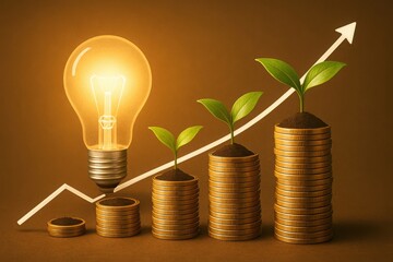 A glowing lightbulb illuminates a financial growth chart with plants sprouting from stacks of coins
