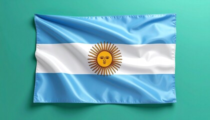 A Argentina&rsquo;s flag featuring Sun of May and sky-blue-white bands against a striking teal background