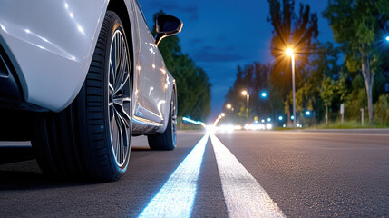 Naklejka premium Sleek car parked quiet street night, illuminated by streetlights, creates serene atmosphere