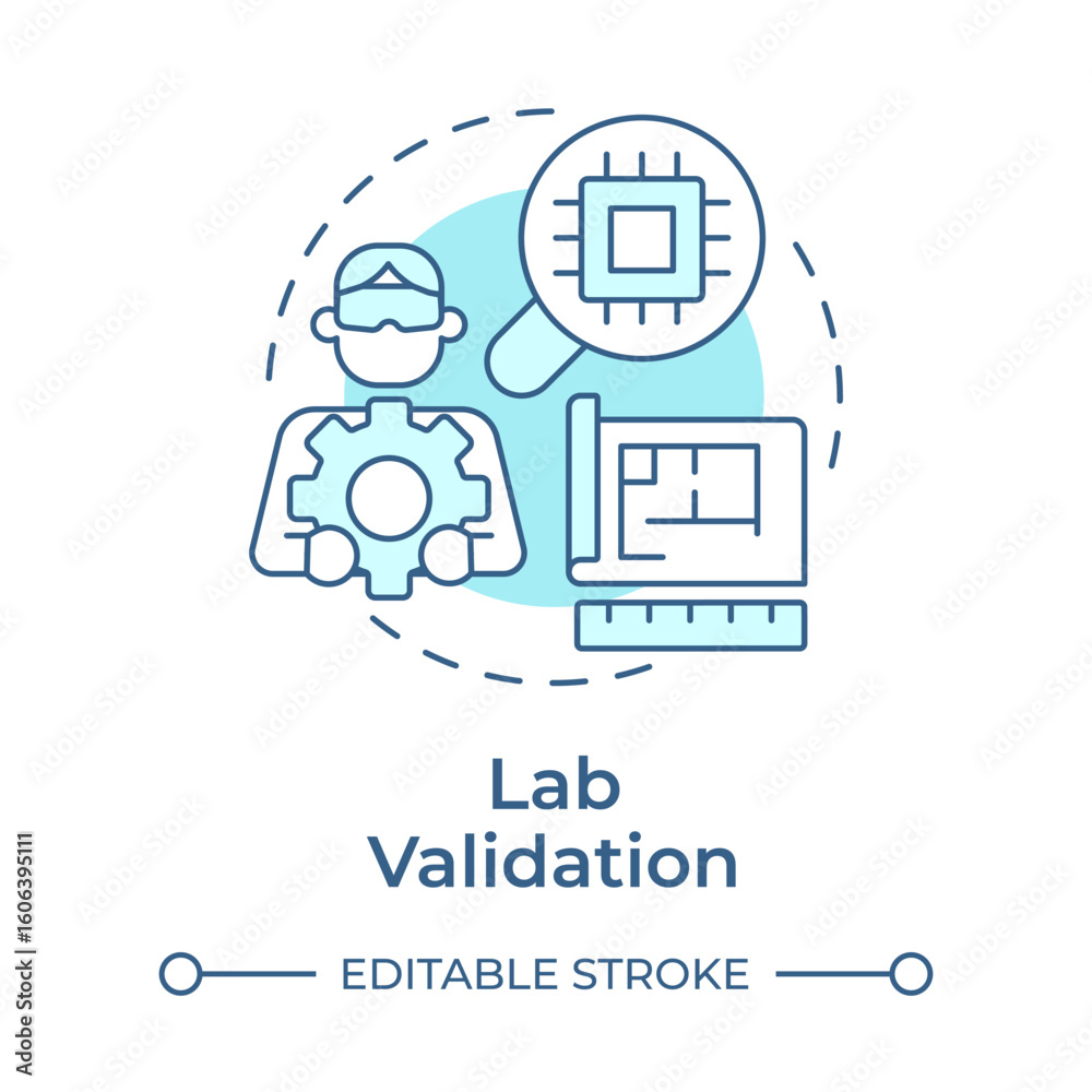 Poster lab validation soft blue concept icon. product testing. technology readiness level. development stag