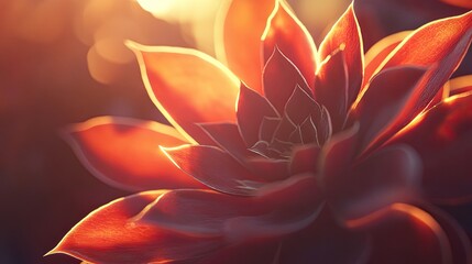 A close-up shot of a succulent plant with vibrant rosette-shaped leaves, glowing under the bright sunlight. The sunlight highlights the intricate texture of the leaves, 