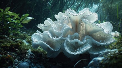 A cluster of delicate, white mushrooms with tiny caps, growing in the damp soil of a shaded forest. The soft, white mushrooms contrast against the rich, dark soil and the surrounding forest foliag