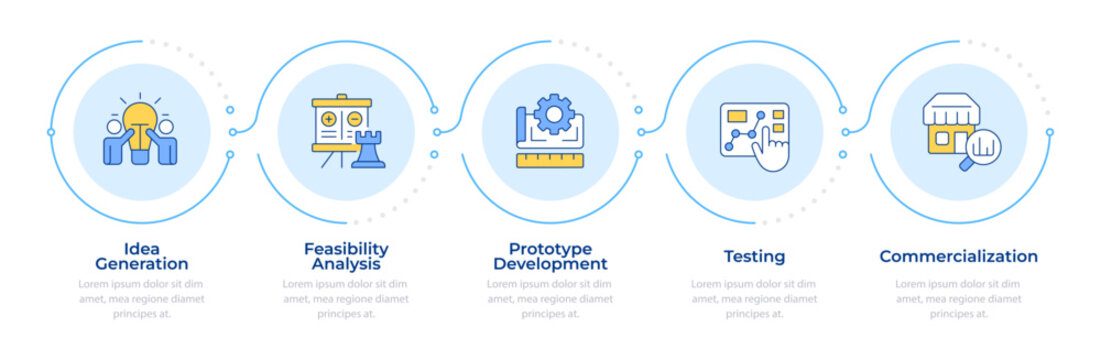 Innovation funnel infographic 5 steps. Marketing researching. Business development management. Flow chart infochart. Editable vector info graphics icons. Montserrat-SemiBold, Regular fonts used