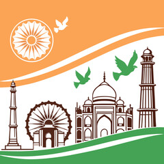 Indian heritage landmarks with Ashoka Chakra and tricolor background, symbolizing unity, freedom, and pride. Celebrate Independence Day with cultural icons like the Taj Mahal and Qutub Minar.

