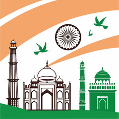 Indian heritage landmarks with Ashoka Chakra and tricolor background, symbolizing unity, freedom, and pride. Celebrate Independence Day with cultural icons like the Taj Mahal and Qutub Minar.

