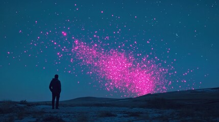 Fototapeta premium Man silhouetted against a vibrant pink light explosion in night sky.