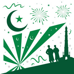 Pakistan Independence Day Celebration Illustration with Minar-e-Pakistan, Patriotic Family Waving National Flag, Fireworks in Background – Green and White Vector Art

