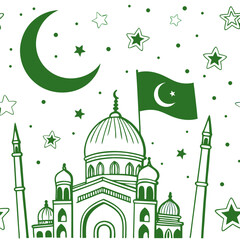 Vector illustration featuring a mosque, national flag, and Islamic crescent symbol. Elegant and spiritual composition, ideal for religious, cultural, and national celebration themes.

