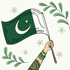 Young Girl Holding Pakistani Flag at Minar-e-Pakistan with Family – Independence Day Celebration Scene Featuring Fireworks, Patriotism, and National Spirit in Green and White Illustration

